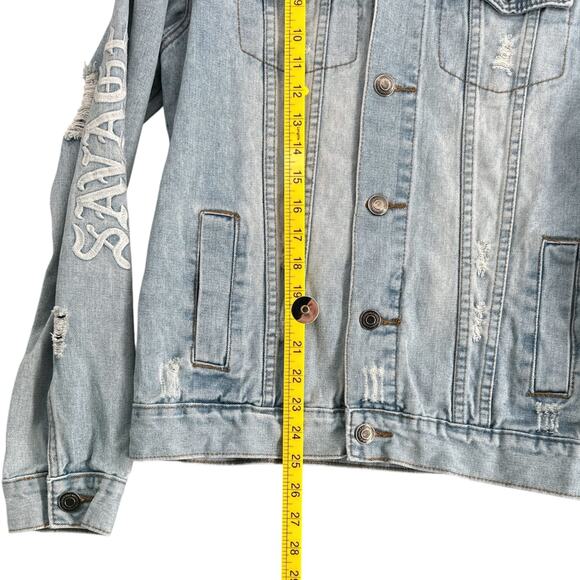 CARBON Lightwash Embroidered Dragon Roses Distressed Detail Denim Jacket Medium - Picture 6 of 7